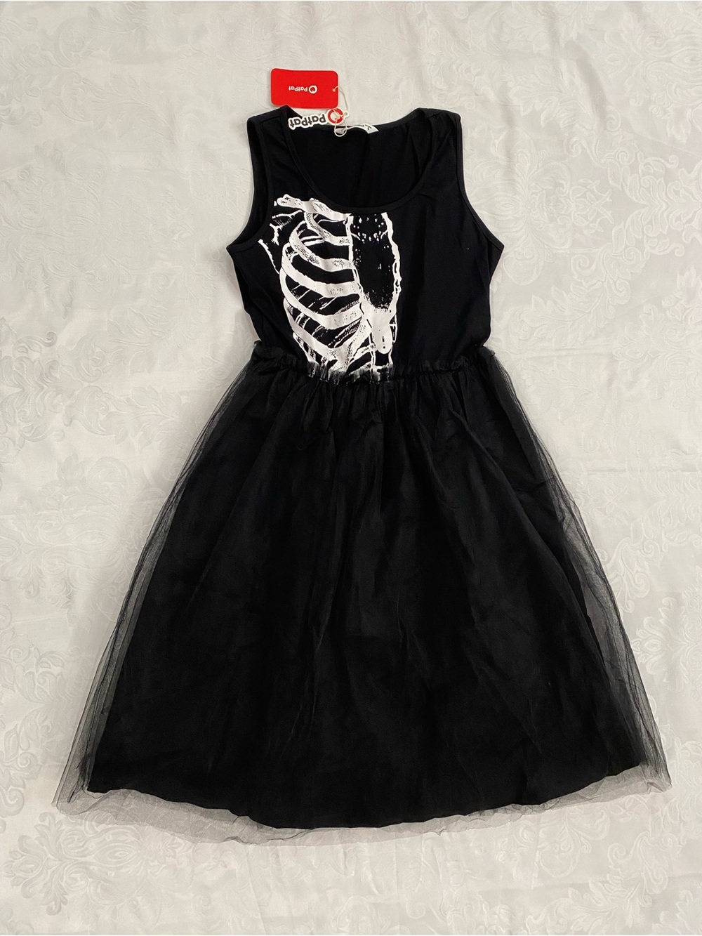 Women Skeleton Halloween Costume Black Sleeveless Tulle Mesh Dress, Size S